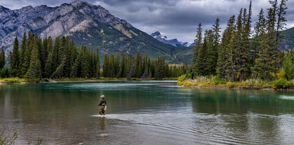 river, fishing, mountains, fisherman, man, water, trees, cloudy, national park, rocky mountains, mountain range, scenic, nature, bow river, banff national park, banff, alberta, canada, fishing, fishing, fishing, fishing, fishing, canada